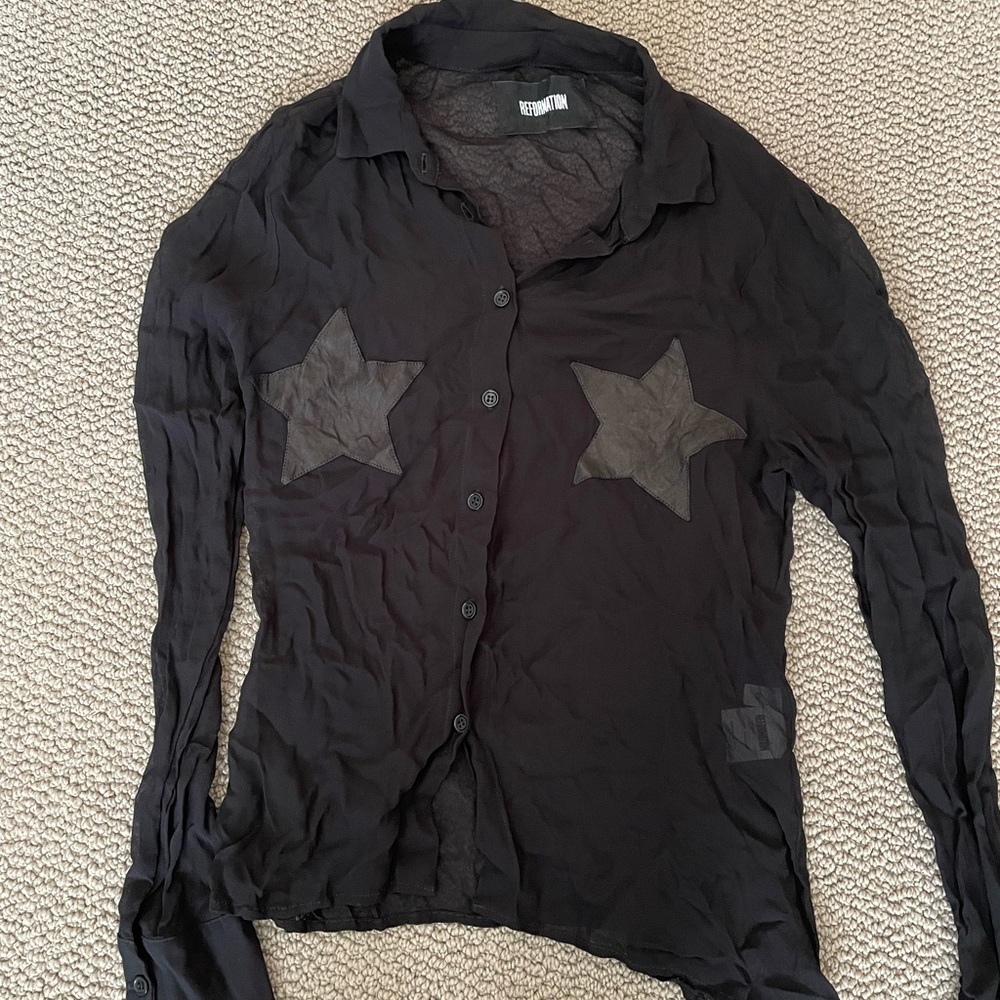Reformation Black Sheer Button Down Blouse XS